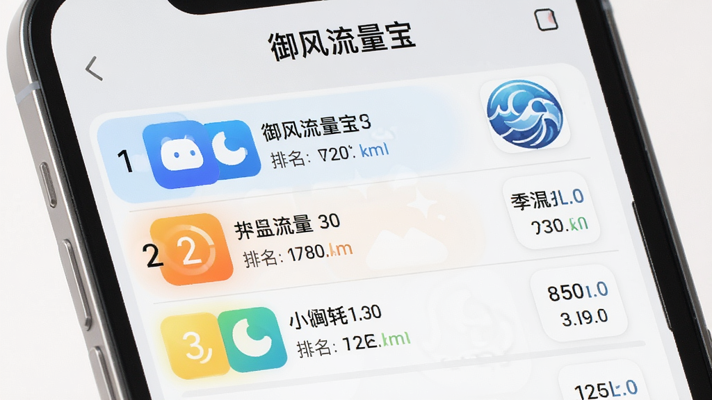 一张展示手机应用流量排行榜的图片,画面中“御风流量宝”的界面清晰显示多个应用图标和对应的流量消耗数值,排名前三的应用被高亮标注,背景是淡灰色手机屏幕,风格干净整洁,数据排列有序,画质清晰无多余元素