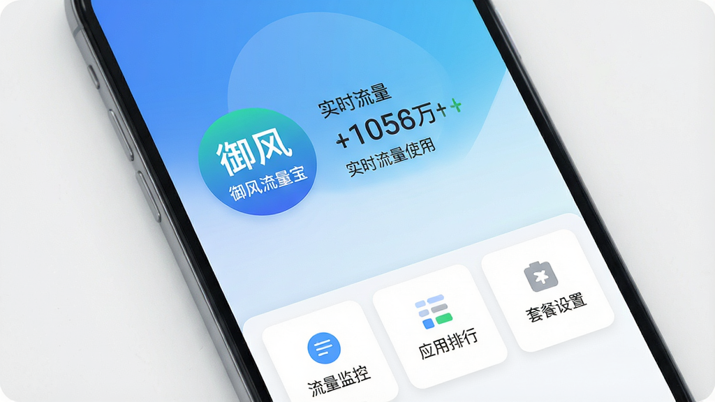 一张展示手机流量管理软件界面的图片,画面中央是“御风流量宝”的圆形图标,图标旁边显示着实时流量使用数据,背景是简洁的蓝白渐变手机屏幕,屏幕下方有“流量监控”“应用排行”“套餐设置”三个功能卡片,风格清新扁平化,细节清晰,画质干净,无多余元素