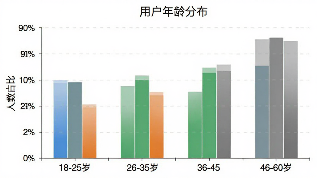 柱状图展示“无痕改字”用户年龄分布,横轴标注18-25岁、26-35岁、36-45岁、46-60岁四个年龄段,纵轴显示人数占比,柱体颜色分别为蓝色、绿色、橙色、灰色,图表标题为“用户年龄分布”,风格简洁清晰,画质干净