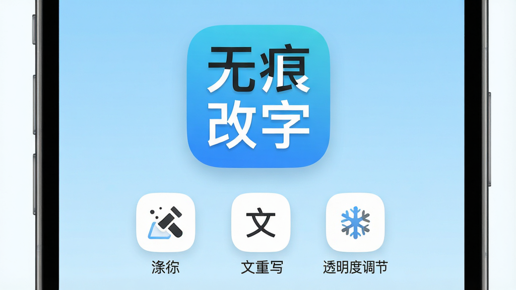 一张手机屏幕展示图,画面中央是“无痕改字”四个大字的App图标,图标下方排列着涂抹擦除、文字重写、透明度调节三个功能小图标,背景是浅蓝色渐变,风格简洁现代扁平,画质干净无多余元素