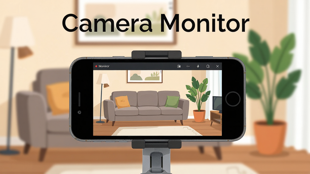 一张展示 Camera Monitor 软件核心全貌的图片,主体是一部旧智能手机被改造成监控摄像头的场景,手机屏幕显示实时监控画面,布局为手机居中、背景是温馨的家庭客厅一角,排版上软件名称 Camera Monitor 以简洁字体出现在画面顶部,风格为现代扁平化科技感,细节包括手机支架、画面中的沙发和绿植,画质清晰干净无多余元素