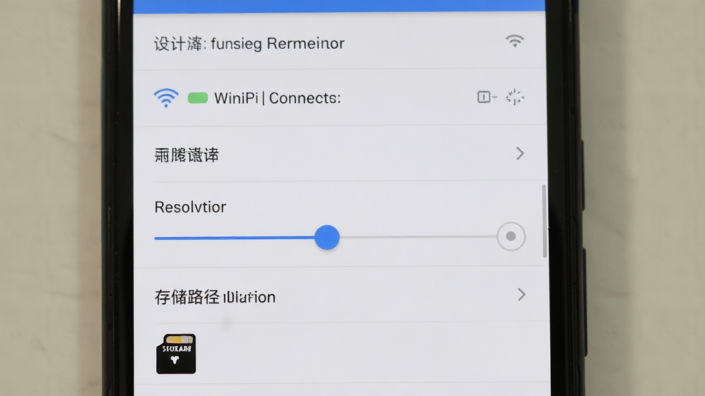 Camera Monitor 应用在旧手机上的设置界面,主体是手机屏幕显示权限设置和存储路径选项,布局为列表式菜单,排版清晰,风格简洁实用,细节包括WiFi连接状态、分辨率选择滑块、存储卡图标,画质干净无多余元素