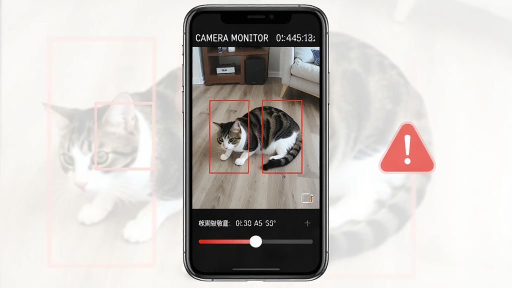 一张展示 Camera Monitor 移动侦测功能的示意图,主体是手机屏幕显示监控画面,画面中用红色方框标注出移动的宠物猫,布局为手机居中、旁边有提醒图标,排版简洁,风格现代科技感,细节包括时间戳和侦测灵敏度滑块,画质干净无多余元素