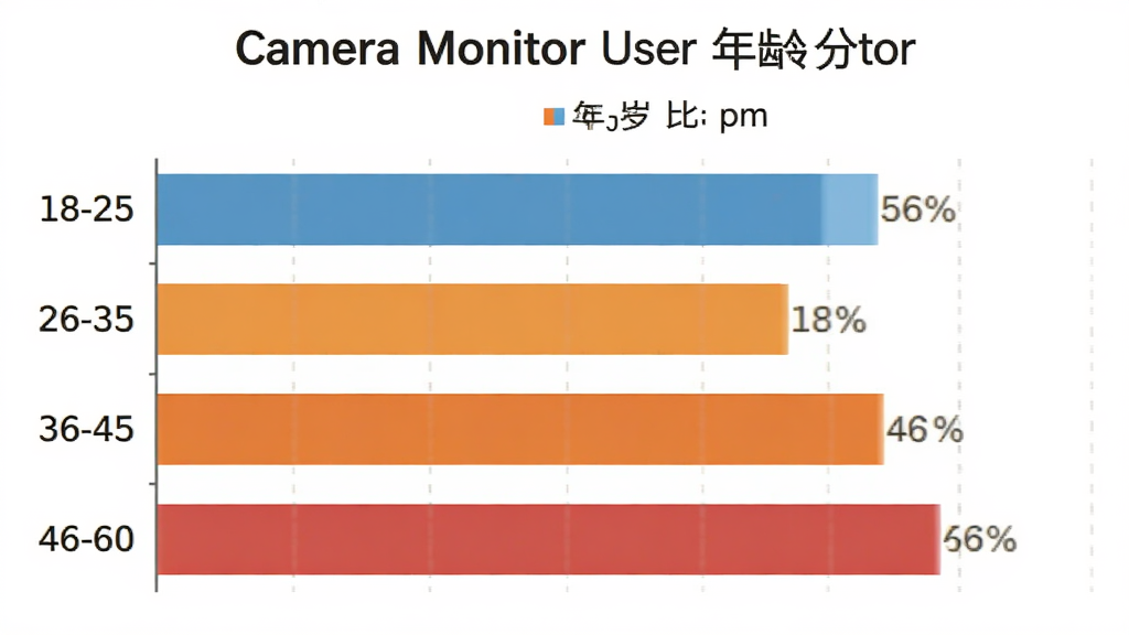 一张展示 Camera Monitor 用户年龄分布的柱状图,主体是不同年龄段的用户占比数据,布局为横向柱状图,排版清晰,风格扁平化数据可视化,细节包括18-25岁、26-35岁、36-45岁、46-60岁四个年龄段的柱状条,画质干净无多余元素