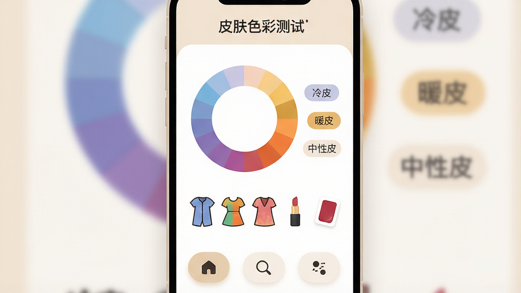 һ�ż����ֻ�Ӧ�ý���չʾͼ�����Ӿ�Ϊ��Ƥ��ɫ�ʲ��ԡ�App�Ĳ��Խ��ҳ�棬����������ʾһ��Բ�εķ�ɫ����ɫ�̣�ɫ�̴���ɫ����ɫ��ɫ���䵽ůɫ����ɫ��ɫ��ɫ���Ա��С���Ƥ����ůƤ��������Ƥ��������ǩѡ��·��Ǽ�����ͬ��ɫ���·�ͼ��Ϳں���ɫ��Ƭ����������ˬ�ִ�����ǳ��ɫ�Ͱ�ɫΪ��ɫ���������С�Ƥ��ɫ�ʲ��ԡ���App�������֣��ײ����������ܰ�ťͼ�꣬���岼�ּ�࣬���ñ�ƽ����Ʒ��ϸ��Բ�󣬻��ʸɾ��޶���Ԫ�ء�