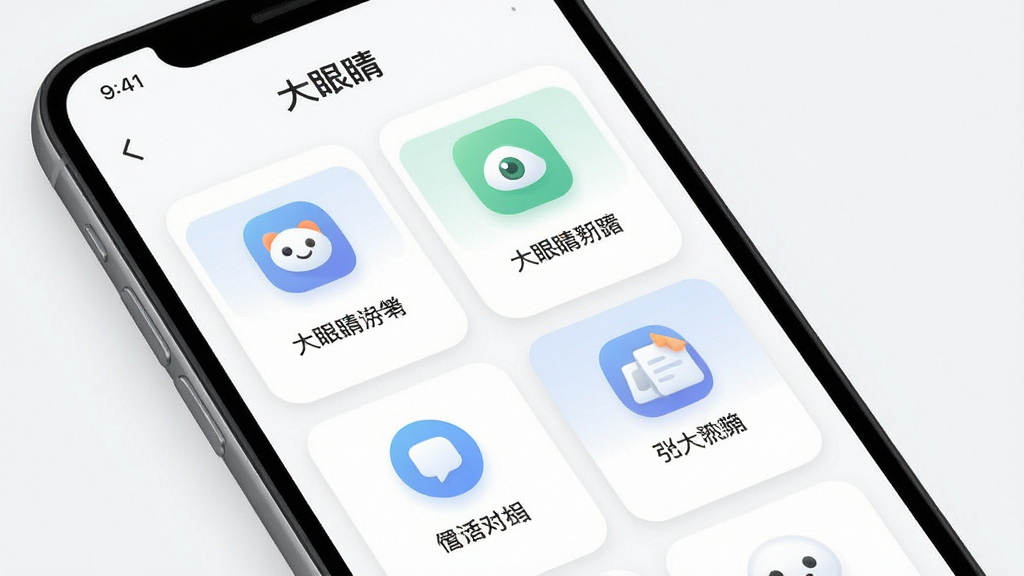 一张“大眼睛”App功能聚合展示图,主体是手机屏幕,屏幕中显示大眼睛App的功能列表页,多个功能模块以卡片形式排列,布局清晰有层次,风格现代扁平,细节圆润,画质干净无多余元素