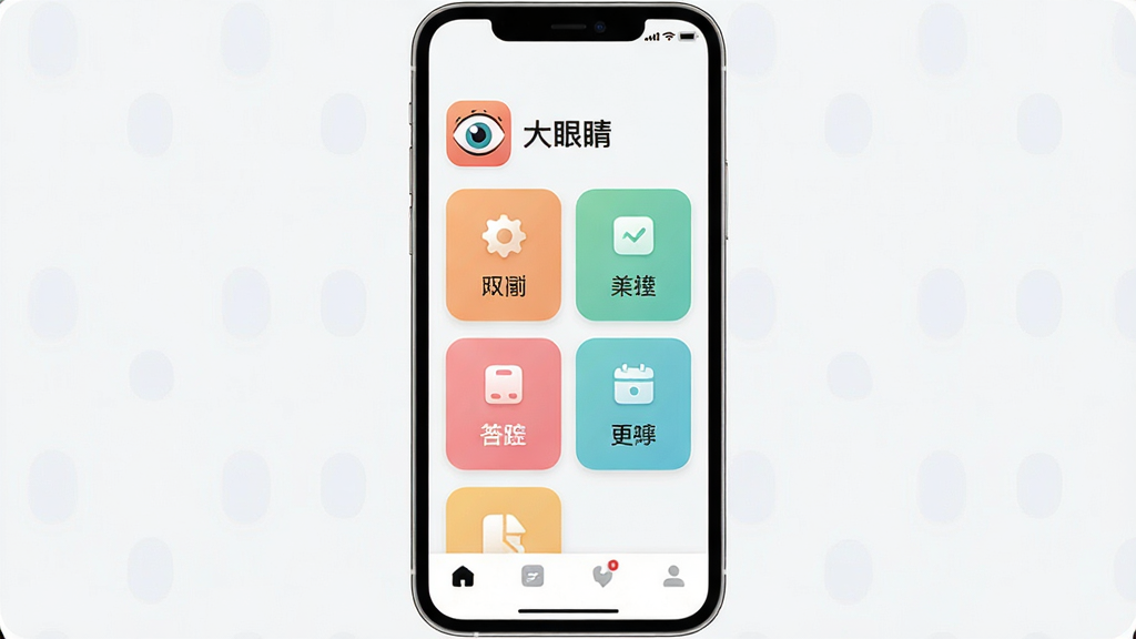 一张展示“大眼睛”App核心全貌的图片,主体是手机屏幕显示大眼睛App的主界面,布局简洁,顶部有软件名称“大眼睛”和图标,中间是几个清晰的功能入口卡片,底部是导航栏,整体排版清爽,风格现代扁平化,细节圆润,画质干净无多余元素,适合应用市场展示