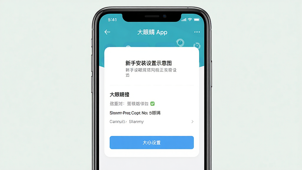一张“大眼睛”App新手安装设置示意图,主体是手机屏幕,屏幕中显示大眼睛App的权限设置页面,布局清晰,风格简洁,细节干净,画质清晰无多余元素