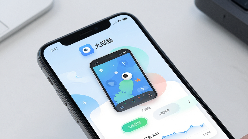 一张“大眼睛”App运行流畅度展示图,主体是手机屏幕,屏幕中显示大眼睛App正在流畅运行的状态,界面动画过渡自然,布局简洁,风格科技感,细节清晰,画质干净无多余元素