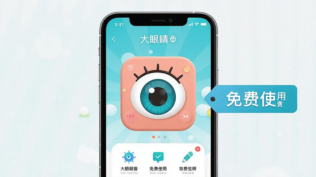 一张“大眼睛”App免费无套路宣传图,主体是手机屏幕,屏幕中显示大眼睛App的功能界面,旁边有“免费使用”字样的标签,布局简洁,风格清新,细节干净,画质清晰无多余元素