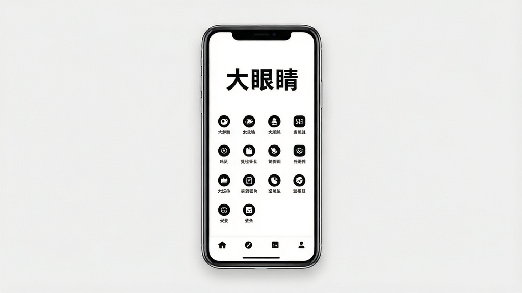 一张“大眼睛”App的极简界面设计展示图,主体是手机屏幕,屏幕中显示大眼睛App的主页,白底黑字,功能图标排列整齐,布局清爽留白多,风格简约现代,画质清晰干净,没有任何多余装饰元素