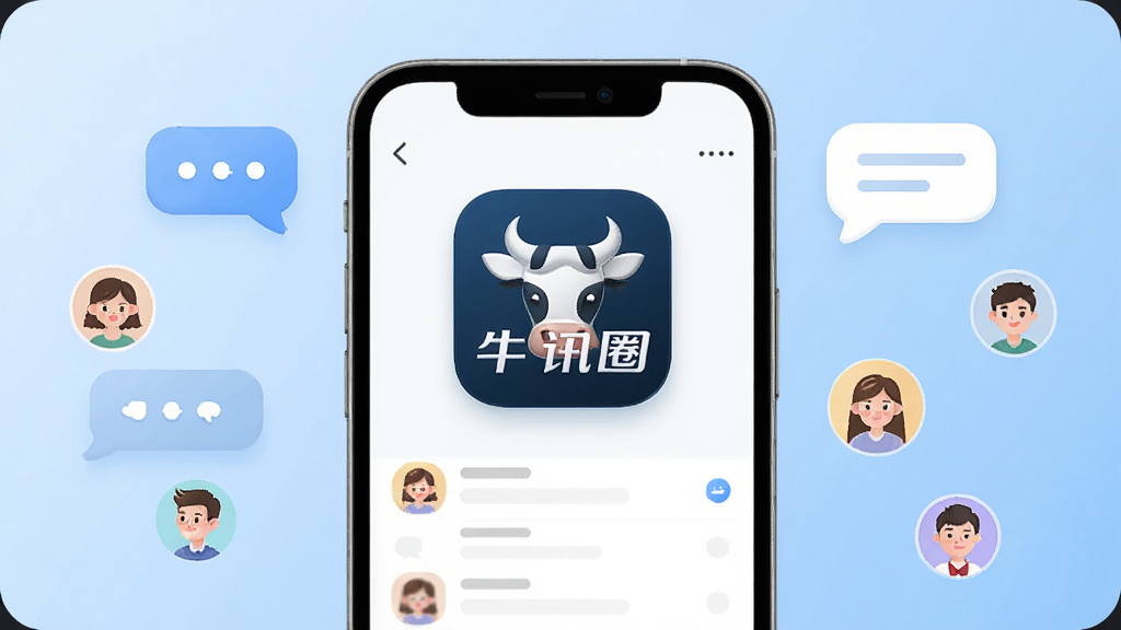 ţѶȦApp������չʾ���ֻ���Ļ������ʾţѶȦLogo�͸ɾ���ˬ�������б����棬��Χ�����Ŵ����罻�����ĶԻ����ݺͺ���ͷ��ͼ�꣬������ǳ��ɫ���䣬����ִ���Լ��ƽ����ϸ������Բ�󣬻��ʸɾ����壬�޶���Ԫ��