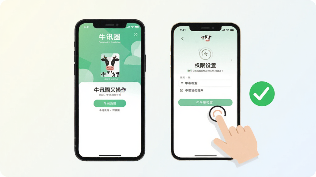 ţѶȦ���ֲ���ָ��ʾ��ͼ���ֻ���Ļ��ʾţѶȦApp�İ�װ��ɽ����Ȩ������ҳ�棬�Ա�����ָ�����ͼ�����ɫ�Թ���ǣ������Ǽ���ǳɫ���䣬�������ֱ�۱�ƽ�������ʸɾ��޶���Ԫ��