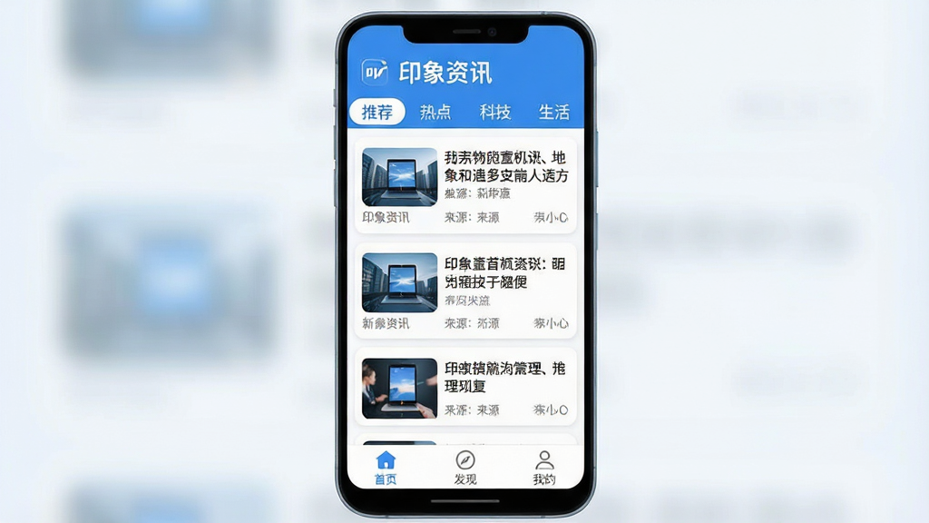 һ��չʾ��ӡ����Ѷ��App����ȫò���ֻ������ͼ���ͼƬ��������һ��������׿�ֻ�����Ļ����ʾ��ӡ����Ѷ��Ӧ����ҳ�������������С��Ƽ������ȵ㡱���Ƽ����������Ƶ����ǩ���м���Ϣ����Ƭ�������У�ÿ����Ƭ�������ű��⡢����ͼ����Դ���ײ�Ϊ��ҳ�����֡��ҵ�����ѡ������岼�ָɾ���ˬ��������ɫΪ��������ִ���ƽ����ϸ��Բ�󣬻��ʸɾ��޶���Ԫ��