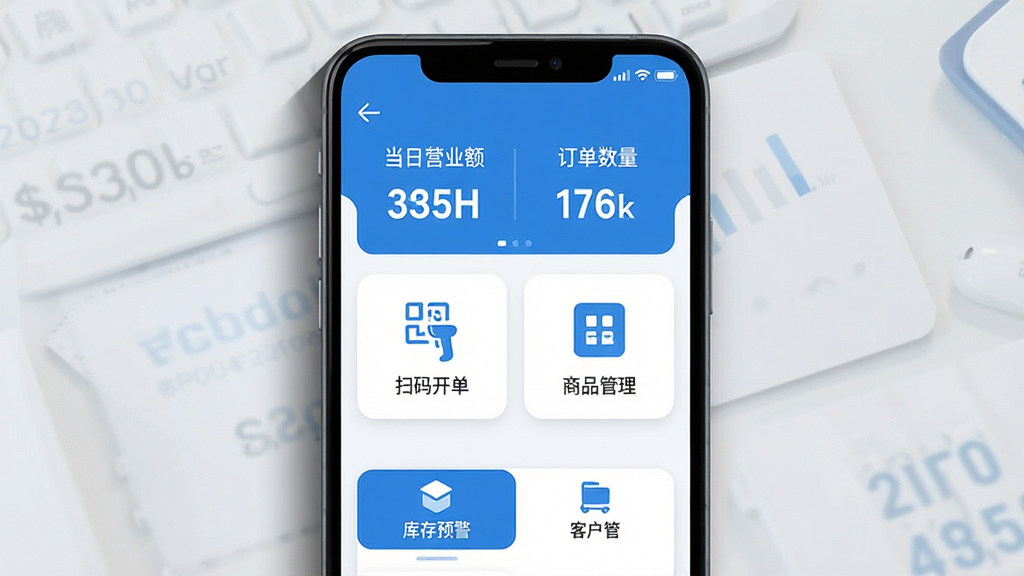 智慧商贸进销存软件免费版核心全貌展示图。主体为一部安卓手机屏幕亮起,屏幕内显示软件主界面,顶部是当日营业额和订单数量,中间是扫码开单和商品管理图标,底部是库存预警和客户管理选项卡。布局居中对称,排版清晰。风格为现代扁平化科技风,蓝白配色为主。细节上手机边缘有轻微阴影,界面图标圆润,文字标注清晰。画质干净,无多余元素,无杂乱背景。