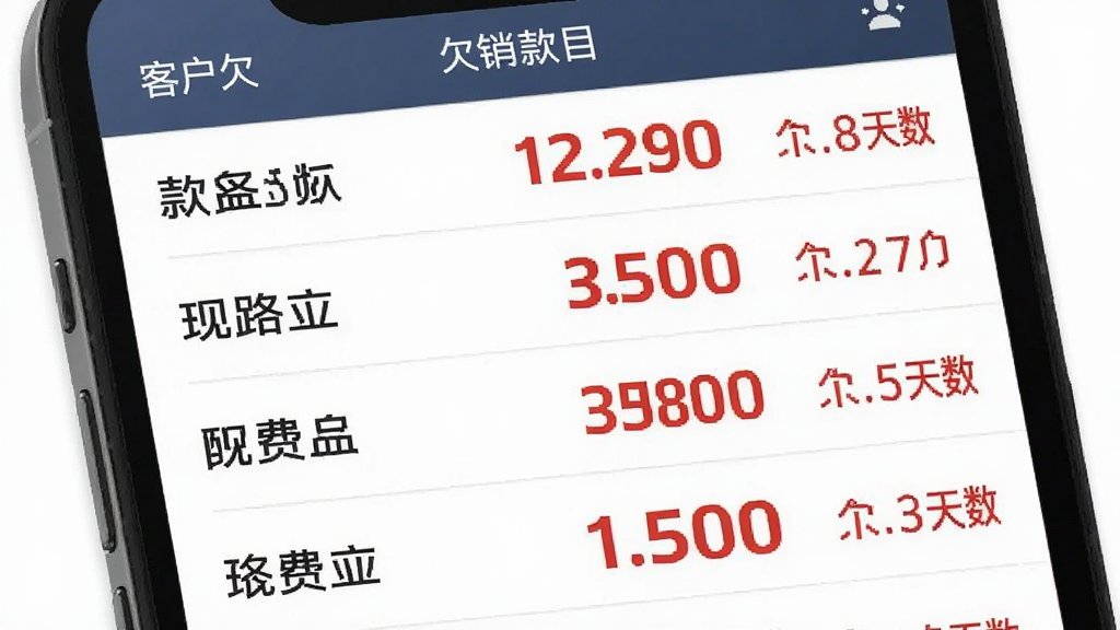 智慧商贸进销存软件免费版往来账目管理界面展示图。主体为手机屏幕显示客户欠款列表,每个客户名字后面有红色欠款金额和欠款天数。布局为列表式排版。风格为简洁商务风。细节上数字字体加粗,颜色区分明显,背景干净。画质清晰,无多余元素。