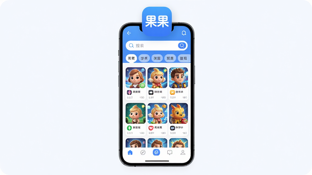 ������Ϸapp��������ȫòչʾ������������һ���ֻ���Ļ����Ļ����ʾ�Ź�������ҳ���������������ͷ����ǩ���м�����Ϸ�Ƽ���Ƭ���񲼾֣��ײ��е�������������ɫ������Ϊ����������ִ���ƽ����ϸ��Բ�󣬻��ʸɾ������޶���Ԫ�أ���Ļ�Ϸ������š������������ֵ�logo