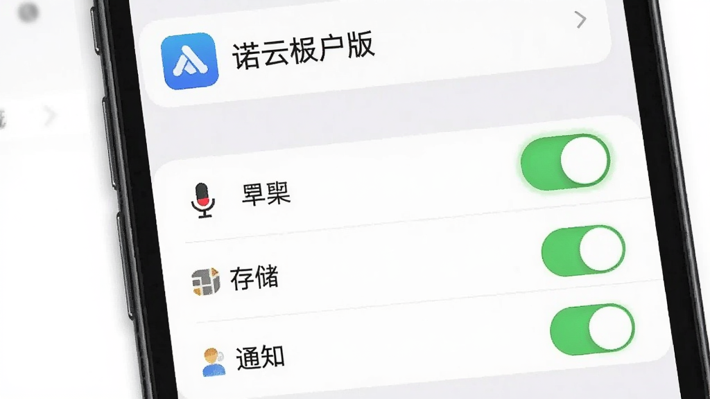 诺云用户版安装设置操作示意图,主体为手机屏幕显示权限管理界面,布局上方为应用图标和名称,中间是麦克风、存储、通知三个权限开关,排版清晰列表式,风格为系统设置原生UI,细节开关按钮有高亮指示,画质干净无多余元素