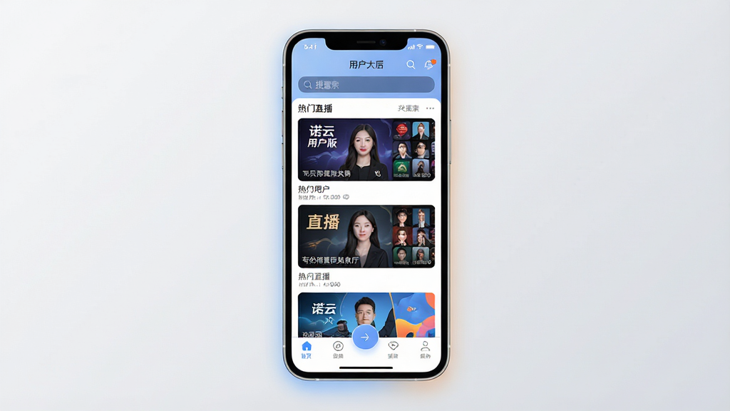 一张展示诺云用户版手机应用界面的全景图,主体为一部现代智能手机,屏幕显示诺云用户版直播大厅界面,布局包含顶部搜索栏、中间热门直播封面卡片、底部导航栏,排版采用平铺加悬浮按钮设计,风格为现代扁平化科技风,细节上手机边缘有柔和光晕,背景为浅灰色渐变,画质干净清晰无多余元素