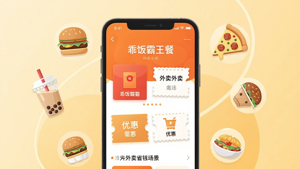 一张展示手机外卖省钱场景的插画图,画面中央是一部智能手机,屏幕显示乖饭霸王餐应用界面,界面主色调为橙色和白色,有外卖红包和优惠券图标,手机周围环绕着汉堡、奶茶、披萨等美食小图标,背景是柔和的暖黄色渐变,风格为现代扁平插画,细节丰富,画质清晰干净,无多余元素