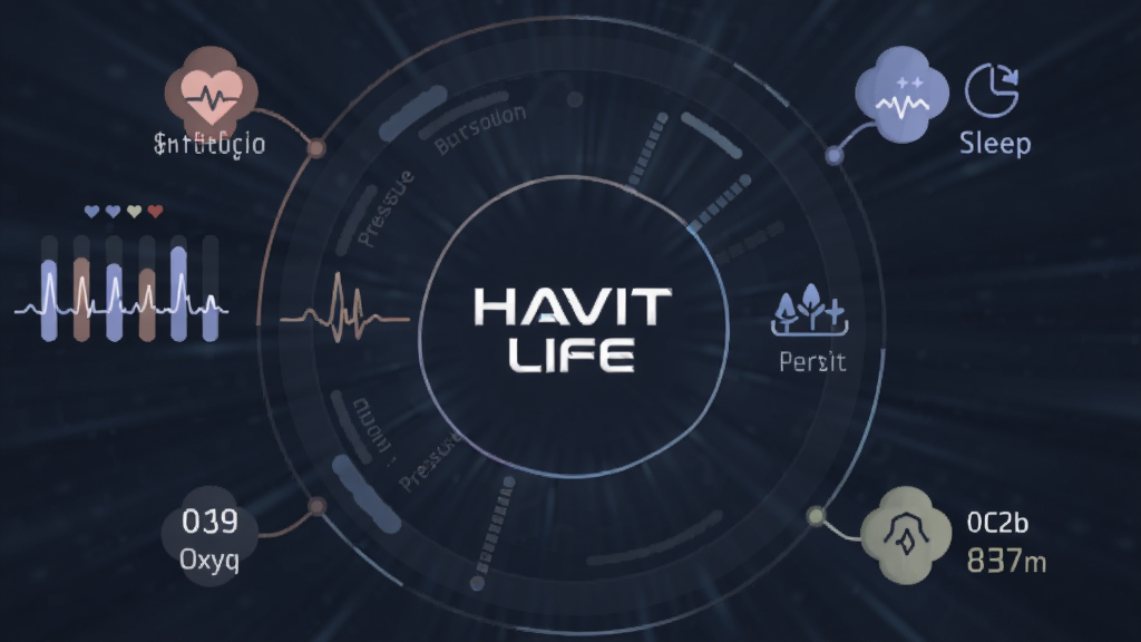 һ��Բ�����ݿ��ӻ�ͼ����������HAVIT LIFE��Logo����Χ���������ʲ��Ρ�˯����״ͼ��Ѫ����ֵ��ѹ��ָ��ͼ�꣬����������ɫ�Ƽ��з��ͼ��������������ɫ��ͣ��ɾ��޶���Ԫ�ء�
