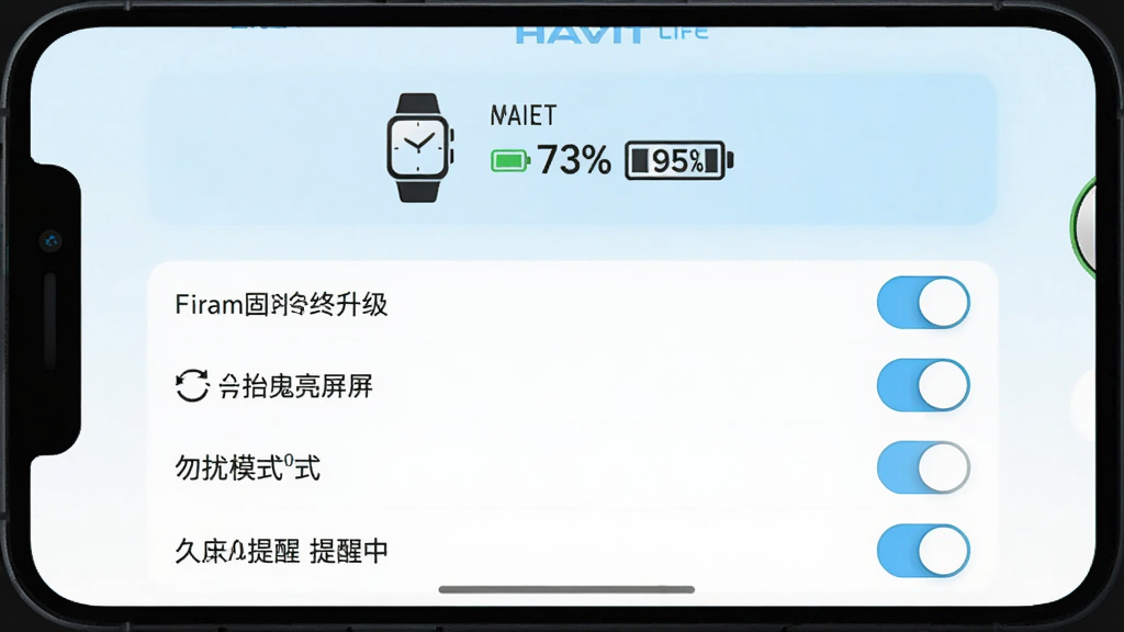 һ��չʾHAVIT LIFE�豸����������ֻ���ͼ����Ļ�Ϸ���ʾ�ֱ�ͼ��͵����ٷֱȣ��·��й̼�������̧������������ģʽ���������ѵȿ���ѡ����沼���������԰�ɫ��ǳ��ɫΪ��ɫ����������ִ������ʸɾ���