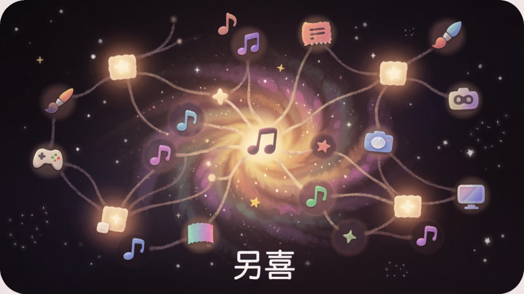一张插画风格的图片,画面中央是一个发光的星云状网络结构,每个节点都连接着不同的兴趣图标,如音符、画笔、游戏手柄、相机等,节点之间用柔和的线条相连,图片下方有