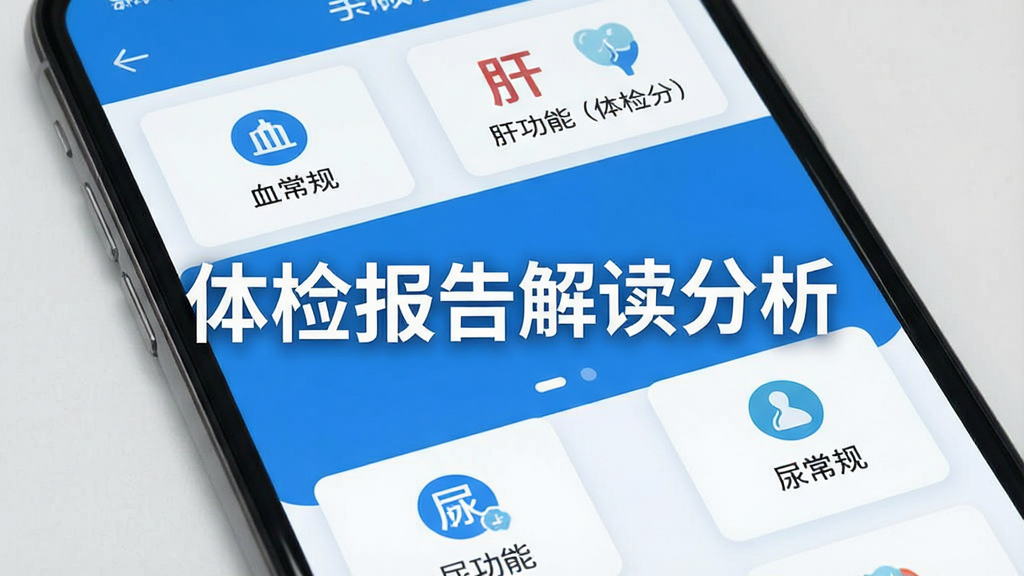 一张手机屏幕展示体检报告解读分析软件的主界面,画面中央是体检报告解读分析软件名称“体检报告解读分析”的大字标题,周围环绕着血常规、肝功能、尿常规等体检指标卡片图标,界面以蓝白配色为主,风格简洁现代,画质干净清晰,无多余元素