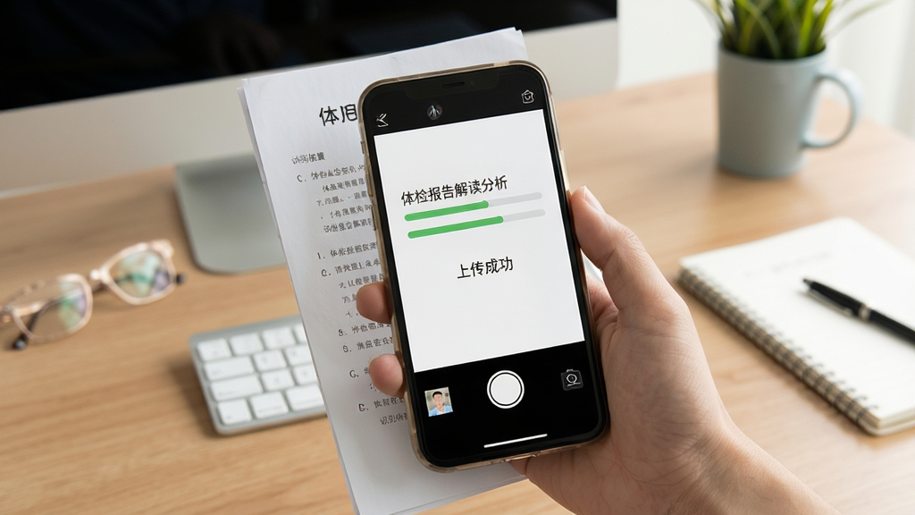 一张展示体检报告解读分析软件上传报告操作界面的示意图,画面中一只手拿着手机对着体检报告单拍照,手机屏幕上显示“体检报告解读分析”的识别进度条和上传成功提示,背景是整洁的桌面,风格生活化,画质清晰干净