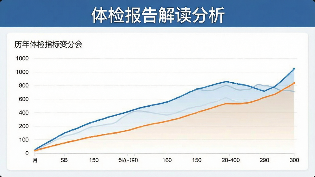 一张展示体检报告解读分析软件内部健康趋势追踪功能的界面截图,画面中显示折线图形式展示历年体检指标变化,顶部有“体检报告解读分析”文字标识,界面布局清晰,数据曲线用蓝橙双色区分,风格专业简洁,画质干净无多余元素