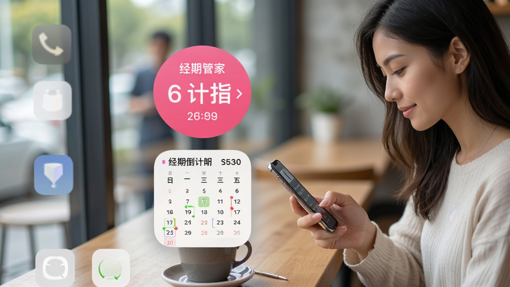 ���ڹܼ�App����С���չʾ���ֻ�����Ļ���з�ɫԲ�κͷ���С�����ʾ���ڵ���ʱ��������ǣ��Ա�����������Appͼ�꣬һλŮ���ڿ��������ֻ���������Ȼ������ִ������ʸɾ�����������