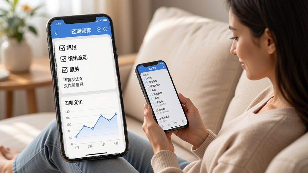 ���ڹܼ�App��֢״��¼��ͳ��ҳ�棬�ֻ���Ļ��ʾ��ѡ�б�����ʹ��������������ƣ�͵�ѡ��·�����������ͼչʾ���ڱ仯��һλŮ������ɳ���ϲ鿴�ֻ������ּ�࣬�����ů�����ʸɾ��޶���Ԫ��