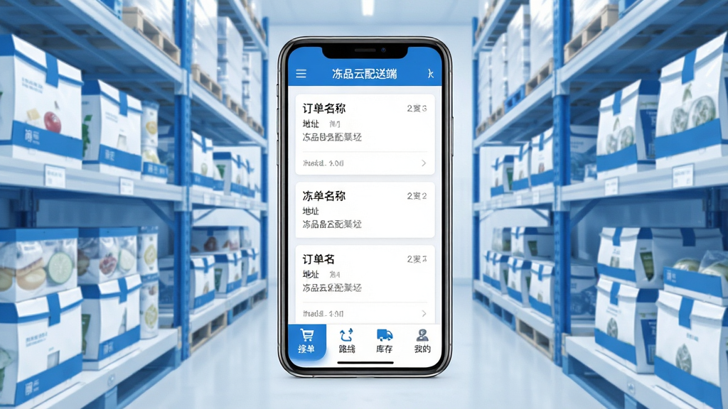 冻品云配送端软件主界面全貌展示,画面中央是一部智能手机,屏幕显示冻品云配送端应用界面,顶部为蓝色导航栏写着“冻品云配送端”,中间是订单列表卡片式布局显示冻品名称和配送地址,底部有接单、路线、库存、我的四个功能图标,背景为冷库货架上一排排冷冻食品包装箱,整体色调以蓝色和白色为主,风格简洁现代扁平化,画质清晰干净无多余元素