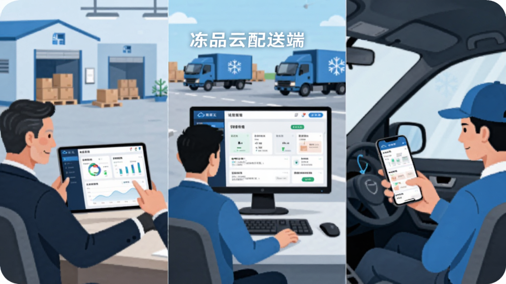 冻品云配送端多端协同功能示意图,画面展示一个团队协作场景,左侧是老板在办公室看平板电脑上的数据看板,中间是调度员在电脑前操作派单界面,右侧是配送员在车上用手机接单,三个设备屏幕上都显示冻品云配送端的界面元素,背景是冷库和配送车辆,风格现代商务扁平插画,画质干净清晰,画面中央有“冻品云配送端”文字
