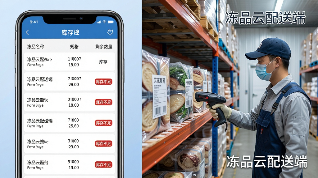 冻品云配送端库存同步功能展示,画面分为左右两部分,左侧是手机屏幕显示冻品云配送端库存列表,每行有冻品名称、规格、剩余数量,部分条目显示红色“库存不足”标签,右侧是冷库内景,货架上整齐码放冷冻食品,一名工作人员手持扫码枪正在扫描包装条码,风格写实商业摄影,画质清晰,画面中带有“冻品云配送端”文字标识