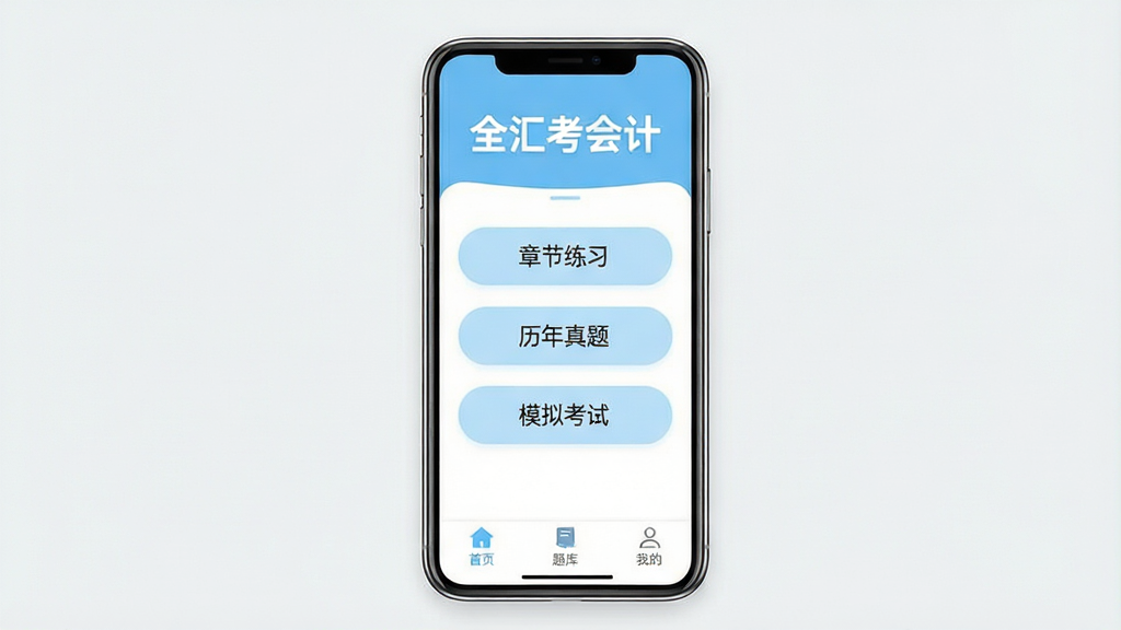 一张展示手机屏幕的图片,屏幕中央是“全汇考会计”APP的主界面,界面以干净的白色和浅蓝色为主色调,顶部显示“全汇考会计”几个大字,中间清晰排列着“章节练习”、“历年真题”、“模拟考试”等几个功能模块按钮,按钮设计圆润,底部有“首页”、“题库”、“我的”三个简单的导航图标,整体布局简洁明了,风格现代扁平,画质干净清晰,没有多余的元素干扰。