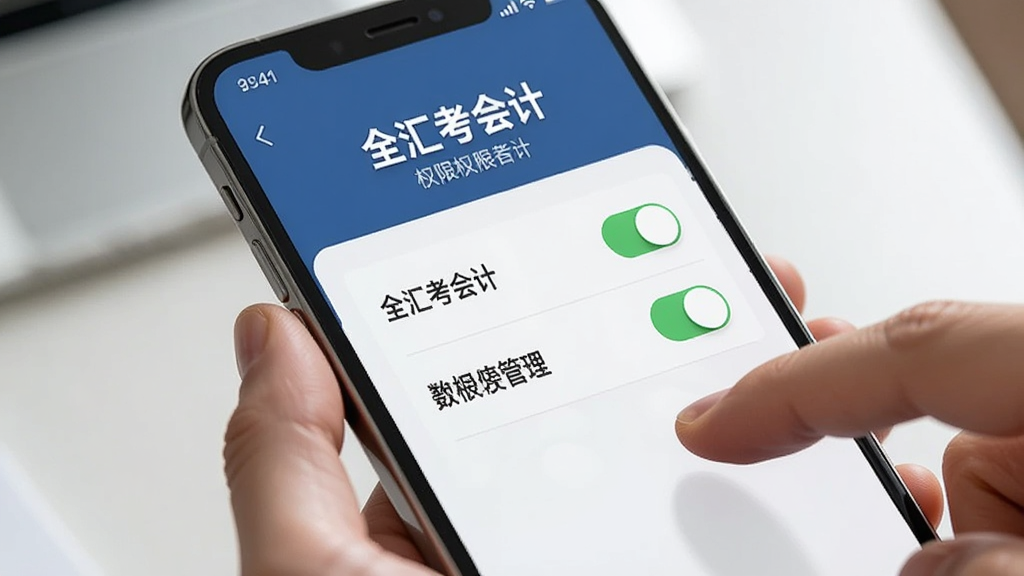 一张AI生成的图片,画面展示一部智能手机的屏幕特写,屏幕上显示着“全汇考会计”的权限管理界面,有清晰的开关按钮和文字说明,画面风格写实,光线柔和,旁边有一只手正准备点击屏幕,整体构图聚焦于手机操作指导,画质干净清晰。