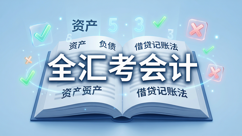 一张AI生成的图片,画面主体是一本翻开的虚拟电子书,书页上漂浮着各种会计专业术语和数字符号,如“资产”、“负债”、“借贷记账法”等,书本周围环绕着几个发光的对勾和叉号图标,背景是柔和的浅蓝色渐变,整体风格科技感与学习感并存,画面中央醒目地写着“全汇考会计”字样,细节精致,画质干净无多余元素。