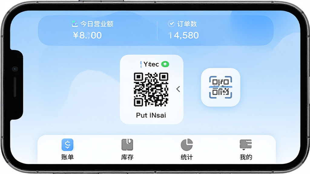 �ֻ���Ļչʾ�����Źܼҡ�Ӧ�������棬������ʾ����Ӫҵ��Ͷ��������м����տ����ɨ��ͼ�꣬�ײ����˵�����桢ͳ�ơ��ҵ��ĸ�ѡ�������Ϊǳ��ɫ���䣬����ִ���ƽ��ͼ��Բ�󣬻��ʸ��壬�ɾ��޶���Ԫ��