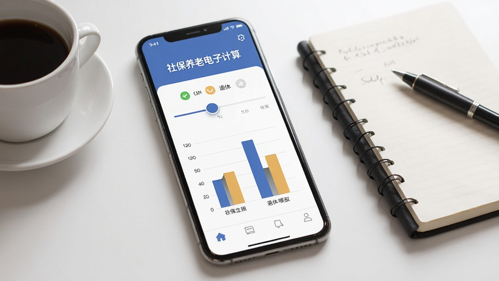 一个手机应用界面展示“社保养老电子计算”的退休年龄模拟功能,屏幕上有滑动条和对比柱状图,旁边有咖啡杯和笔记本,风格简约商务,布局整齐,画质清晰,无杂乱元素