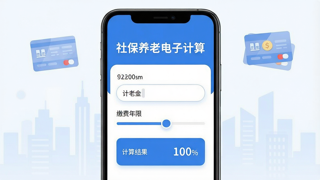 一个简洁的手机应用界面,主色调为蓝色和白色,中央展示“社保养老电子计算”字样,界面包含养老金计算器输入框、缴费年限滑块和计算结果展示区,背景有淡淡的城市剪影和社保卡图标,整体风格现代扁平,布局清晰,细节圆润,画质干净,无多余元素