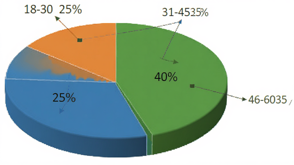 一个饼状图展示不同年龄段用户占比,18-30岁占25%,31-45岁占40%,46-60岁占35%,图表颜色为蓝绿橙三色,背景干净白色,风格简洁数据可视化,画质清晰,无多余装饰