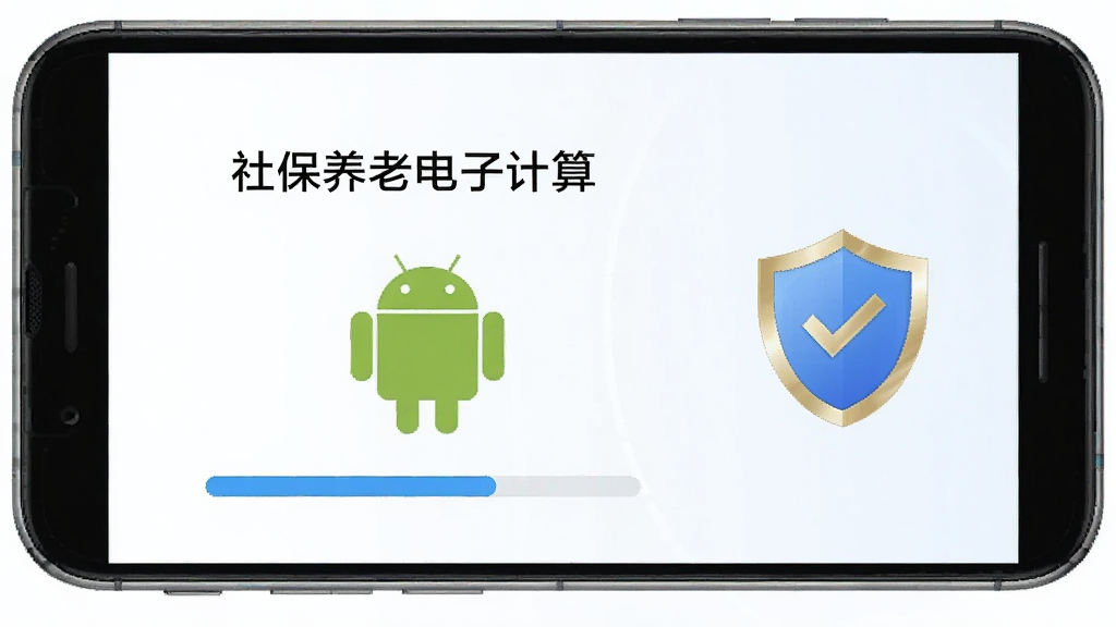 一个手机屏幕展示“社保养老电子计算”的安装界面,有安卓机器人图标和进度条,旁边有安全盾牌标志,风格科技感,布局简洁,画质干净,无多余元素
