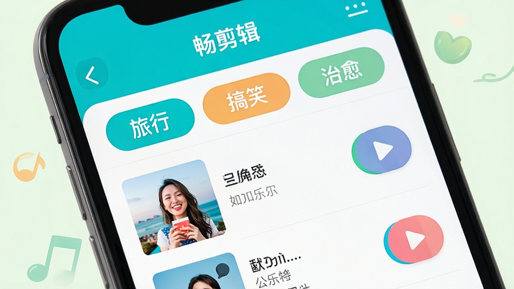 手机屏幕展示“畅剪辑”的音乐选择界面,列表中有多个音乐分类标签如“旅行”、“搞笑”、“治愈”,下方是音乐条目和播放按钮,界面风格明亮活泼,配色清新,画质干净无多余元素
