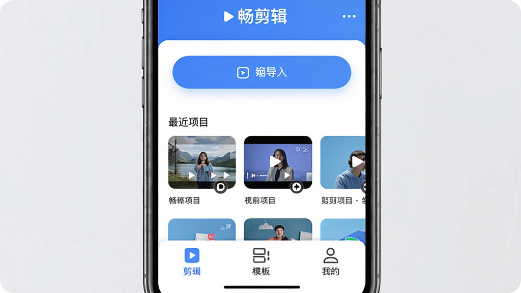 手机屏幕竖屏展示界面,画面中央是“畅剪辑”软件的主页,布局清爽,上方有视频导入按钮,中间是最近项目缩略图,底部导航栏有剪辑、模板、我的三个图标,整体风格现代扁平,蓝白配色,细节圆润,画质干净清晰,无多余元素