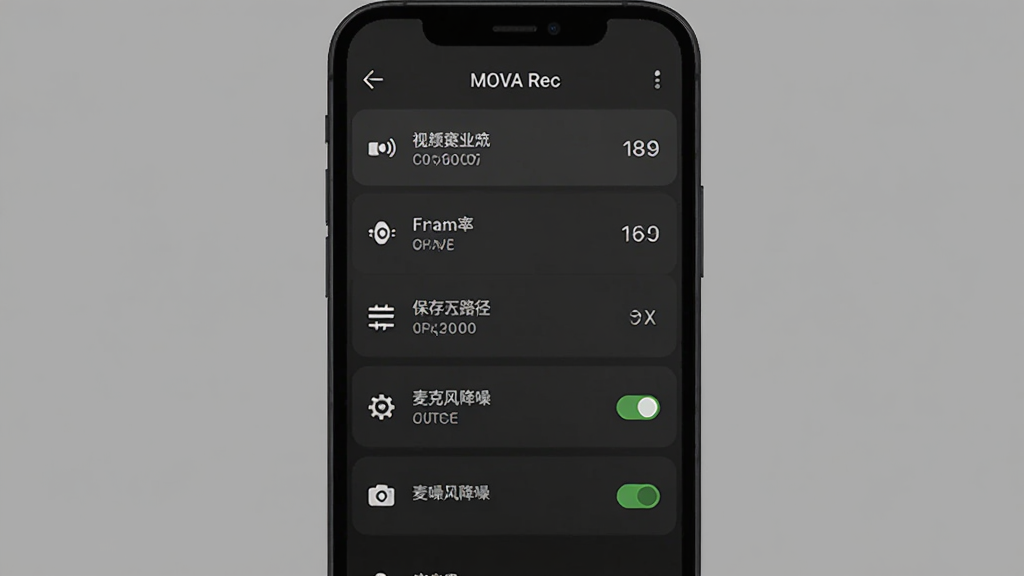 MOVA Rec�������ý���ͼ��������һ���ֻ�չʾ�����ò˵���������Ƶ�ֱ��ʡ�֡�ʡ�����·������˷罵�뿪�ص�ѡ�����Ϊ�����б������Ϊ������ɫģʽ��ϸ����ÿ��ѡ���Ա���������ͼ��͵�ǰ��ֵ������Ϊ���ɫ�����ʸɾ����޶���Ԫ��
