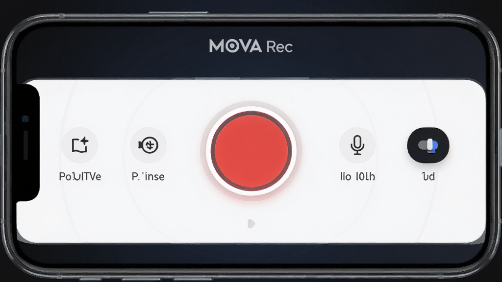 һ��չʾMOVA Rec¼����������ȫò��ͼƬ��������һ�������ֻ���Ļ����Ļ����ʾMOVA Rec��¼�������棬����������һ����Ŀ�ĺ�ɫԲ��¼�ư�ť����Χ�����ŷֱ��ʡ�֡�ʡ���˷翪�صȼ���ͼ�꣬�����������Ű�Ϊ�ֻ�����չʾ�����Ϊ�ִ���ƽ���Ƽ��磬ϸ���ϰ�ť��΢���ĺ�����Ч������Ϊ��ɫ���䣬���ʸɾ��������޶���Ԫ��