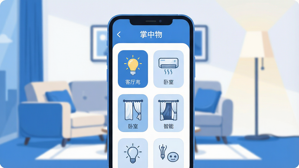 一张展示智能家居控制中枢的手机界面概念图,画面中央是一部智能手机,屏幕显示“掌中物”App的主控制面板,面板上有客厅灯光、卧室空调、智能窗帘等设备图标整齐排列,背景是温馨的现代家居环境,有沙发和落地灯,风格为现代扁平化插画,色调以蓝白为主,细节圆润,画质干净清晰,无多余元素