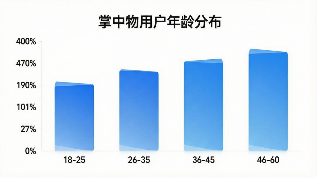 一张展示“掌中物”App用户年龄分布柱状图的概念图,横轴为年龄段18-25、26-35、36-45、46-60,纵轴为用户占比百分比,柱状图颜色为蓝色渐变,图表标题为“掌中物用户年龄分布”,背景干净白色,风格为现代数据可视化,画质清晰,无多余元素