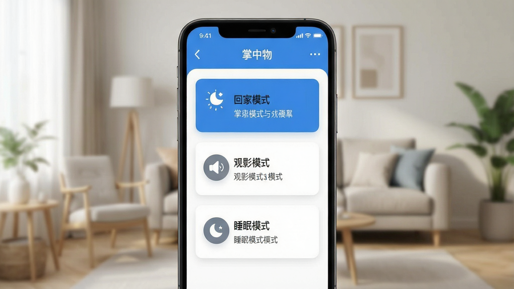 一张展示“掌中物”App场景模式设置界面的概念图,手机屏幕显示“回家模式”、“观影模式”、“睡眠模式”等卡片式选项,每个卡片配有对应的图标和简短描述,背景为柔和的家居环境虚化图,风格为现代简约UI设计,蓝白灰配色,画质干净,无多余元素